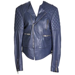 Balenciaga Blue Leather Moto Jacket with Lace Up Sides and Quilting