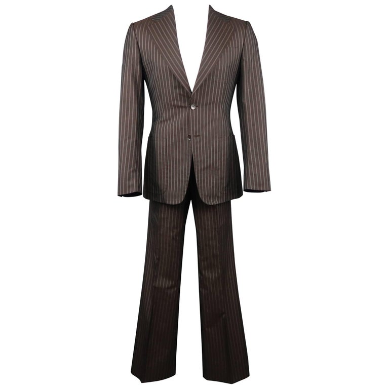 GUCCI Size 36 Regular Cotton / Silk Brown Pinstripe Wide Notch Lapel Suit at 1stDibs august