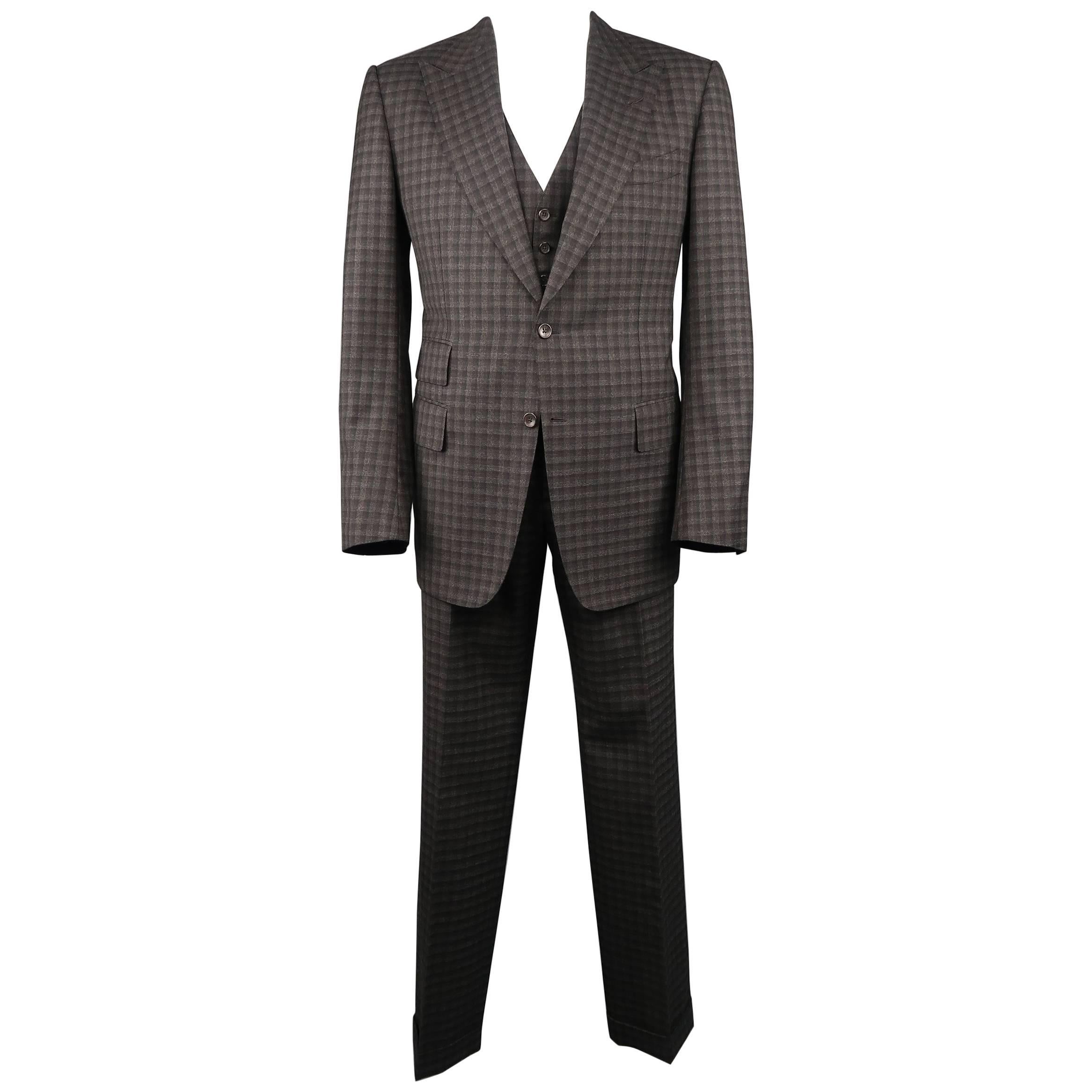 Tom Ford Suit - Men's Grey and Brown Checkered Tartan Wool Three Piece Jacket
