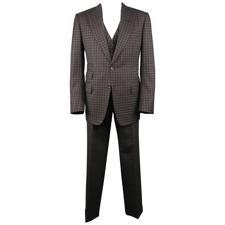 Tom Ford Suit - Men's Grey and Brown Checkered Tartan Wool Three Piece  Jacket at 1stDibs