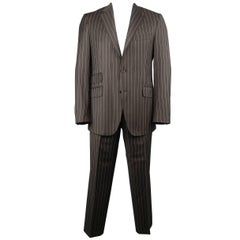 Etro Men's 42 Regular Brown Chalk Stripe Wool Notch Lapel Two Piece Suit