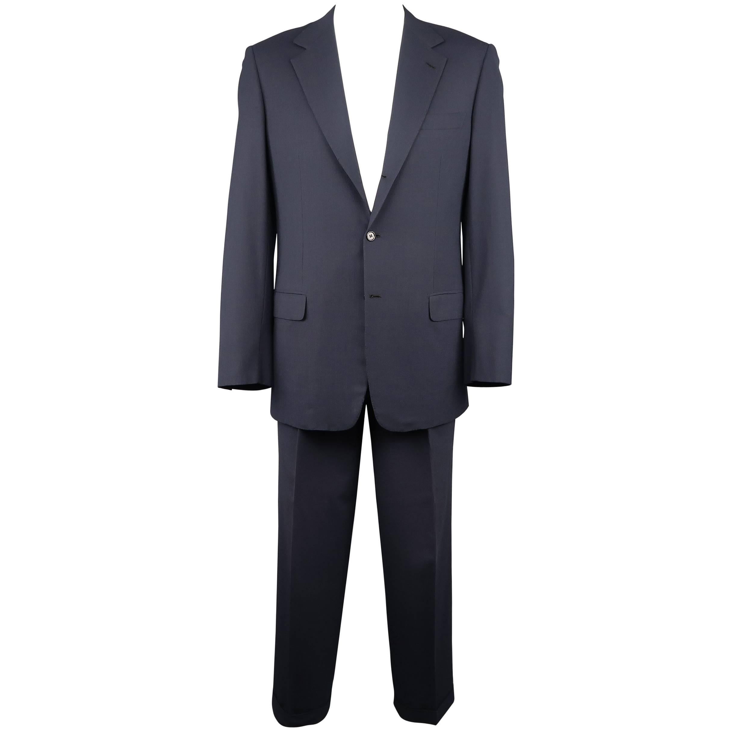 Brioni-Nomentano Men's 42 Long Wool Navy Notch Lapel Pleated 2 piece Suit