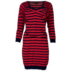 Louis Vuitton Red  & Navy Stripe Wool Bow Dress Sz L