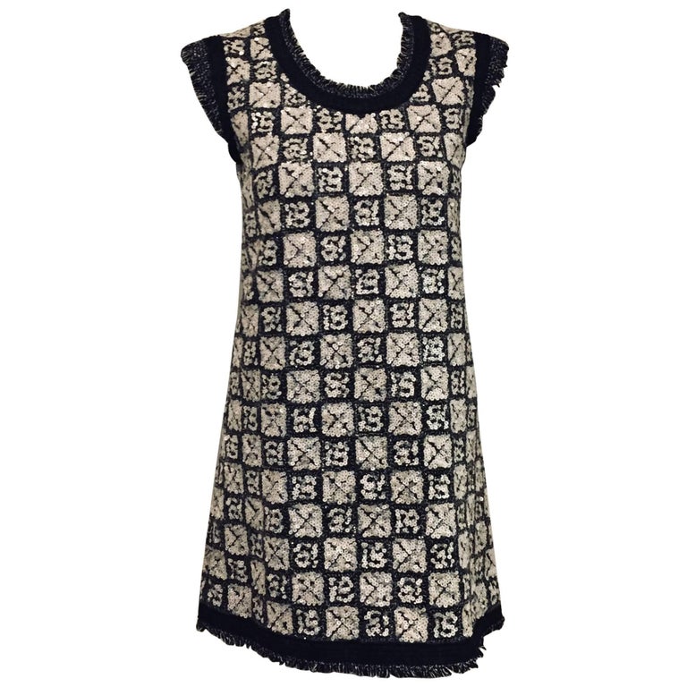 Chanel Black and White Shimmering Sequined Fringe Mini Dress For Sale ...