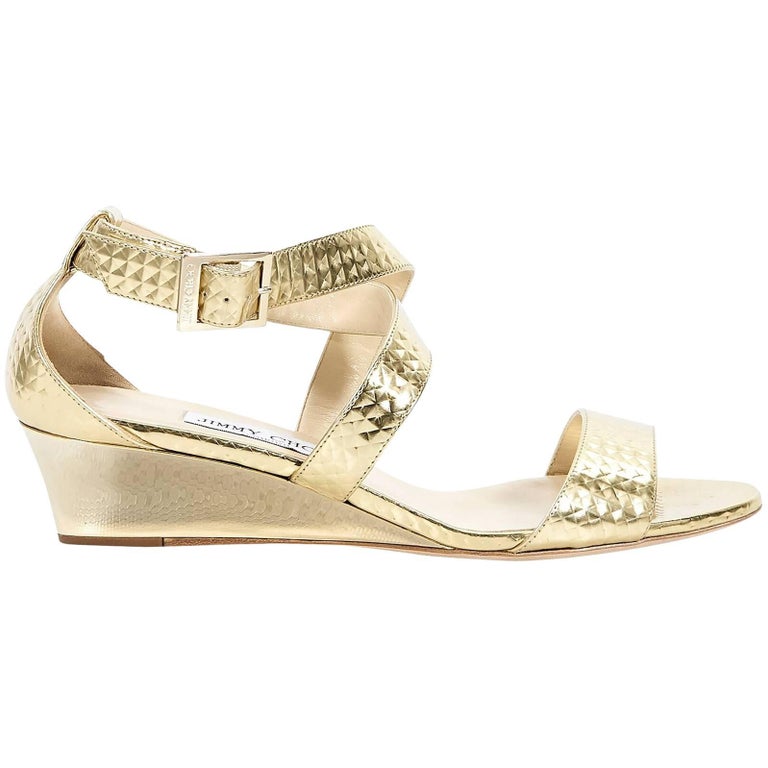 Metallic Gold Jimmy Choo Chiara Leather Wedge Sandals For Sale at 1stDibs
