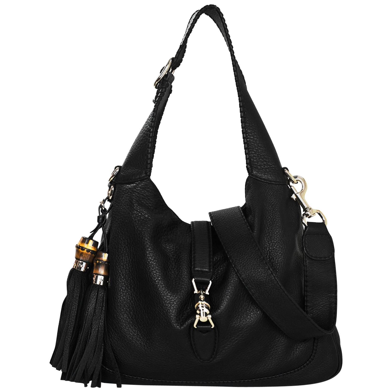 Gucci Black Pebbled Leather "New Jackie" Medium Satchel Bag with DB