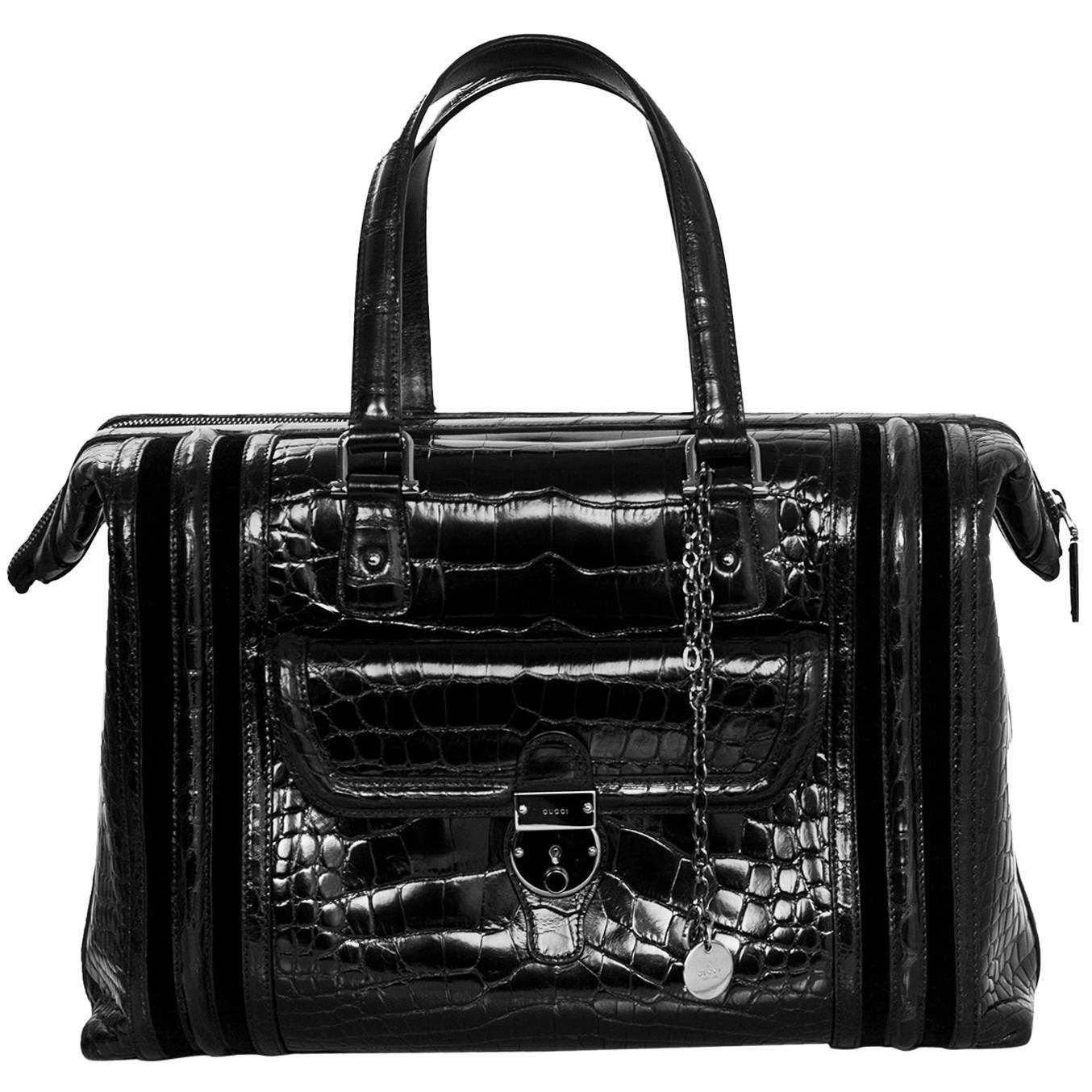 Gucci Special Order Runway Black Alligator Boston Doctor Bag