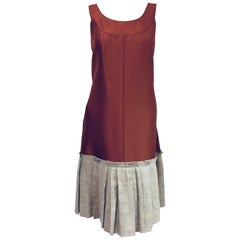 Original Oscar de la Renta Linen Rust Color Dress w/ Cotton Pleated Beige Hem