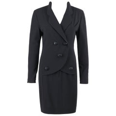 CHANEL Boutique c.1980's Black Wool Crepe Double Breasted One Piece Dress Suit