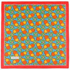 Vintage YVES SAINT LAURENT c.1970's YSL Red Multicolor Floral Leaf Motif Cotton Scarf