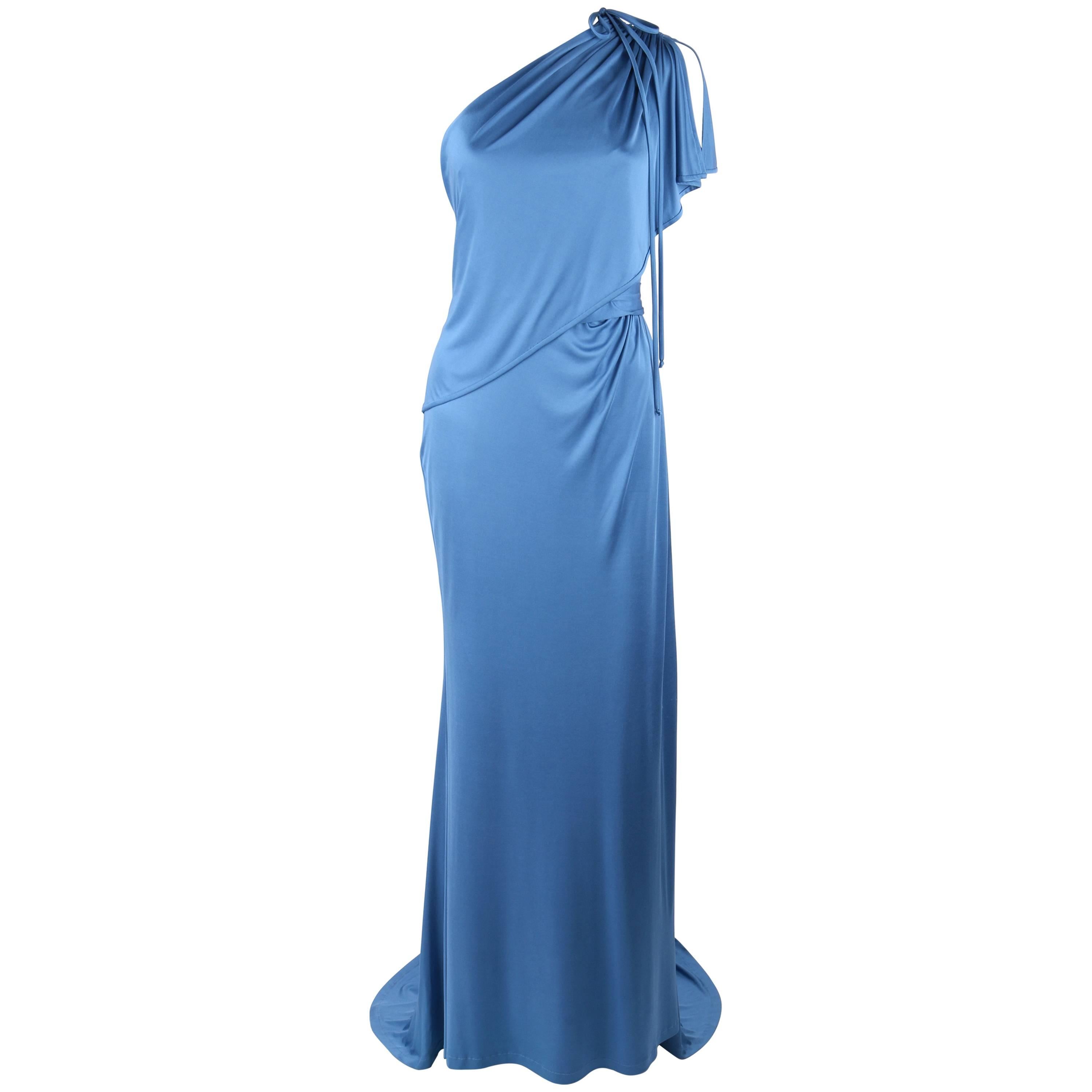 CAROLINA HERRERA Resort 2011 Blue Silk Grecian Draped One Shoulder Evening Gown