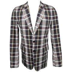 Men's DRIES VAN NOTEN 38 Charcoal Red Yellow & White Plaid Notch Lapel Sport Coa