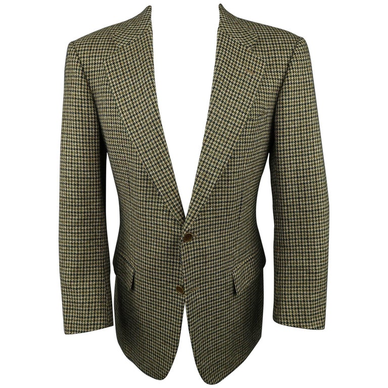 KITON 40 Green and Tan Gold Houndstooth Wool / Cashmere Notch Lapel