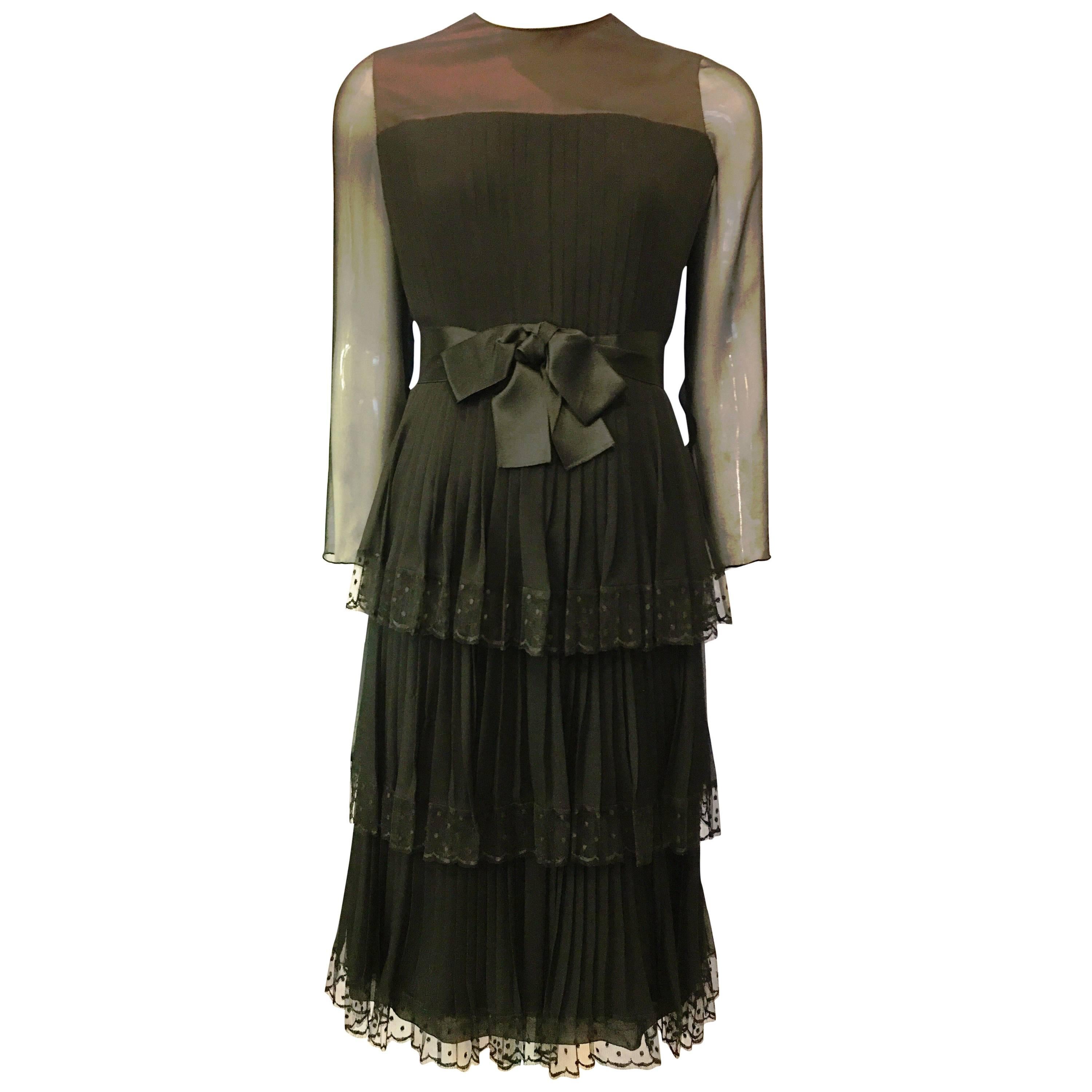 Jean Louis for I. Magnin Black Pleated Silk Ruffle Bow Dress, 1960s  For Sale