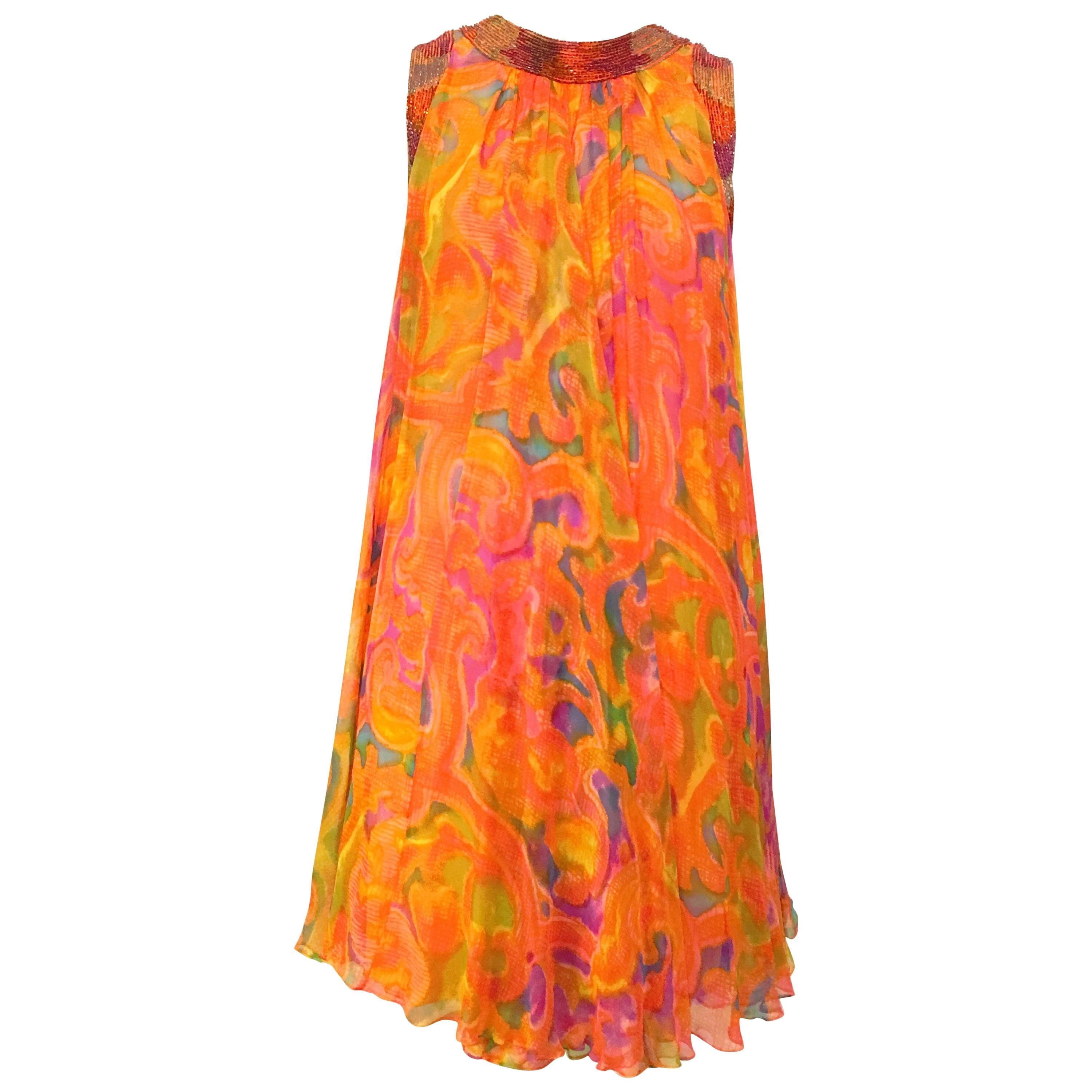 Hirshleifer Beaded Flowy Rainbow Shift Dress, 1970s   For Sale