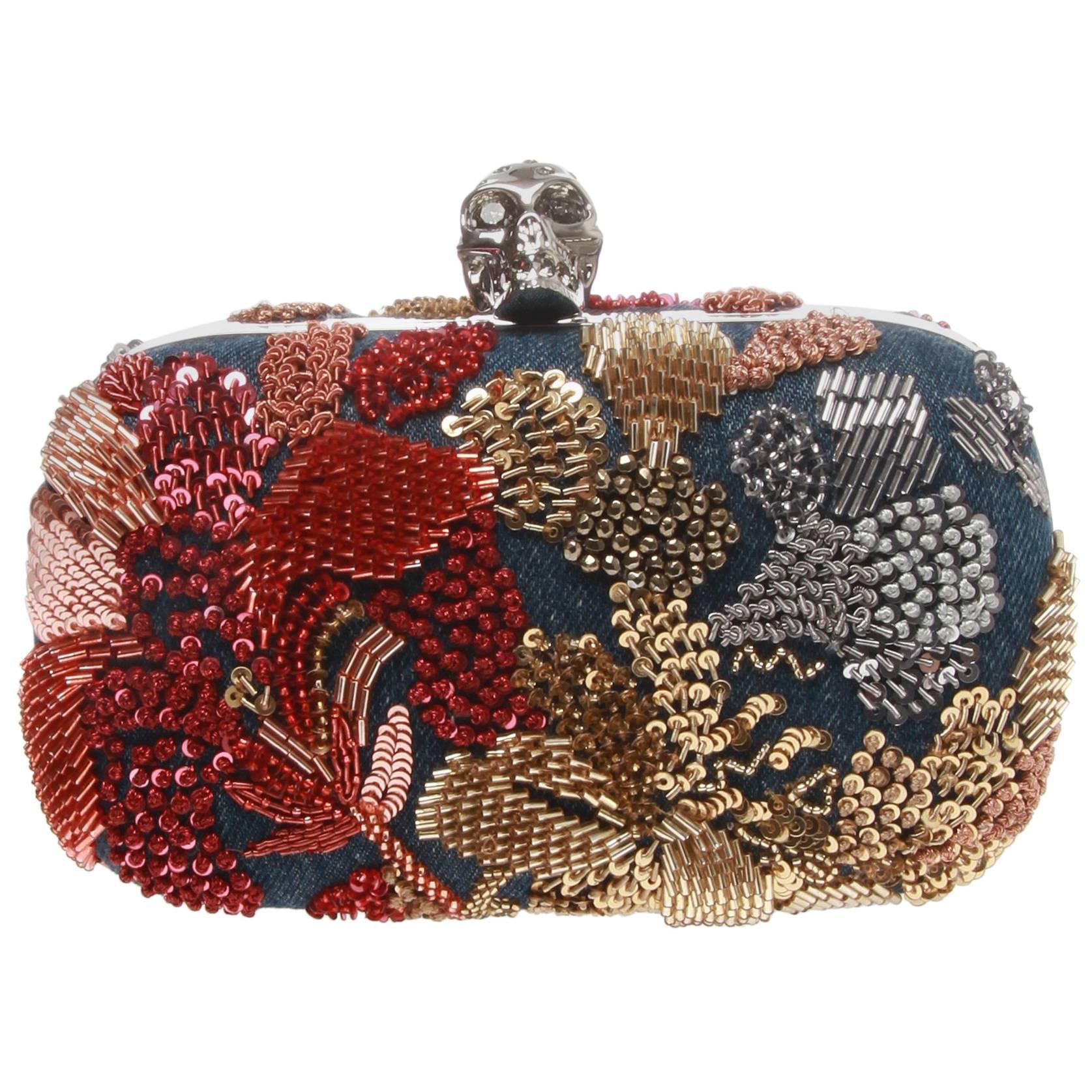 Alexander McQueen Washed Denim Embellished Skull Box Clutch