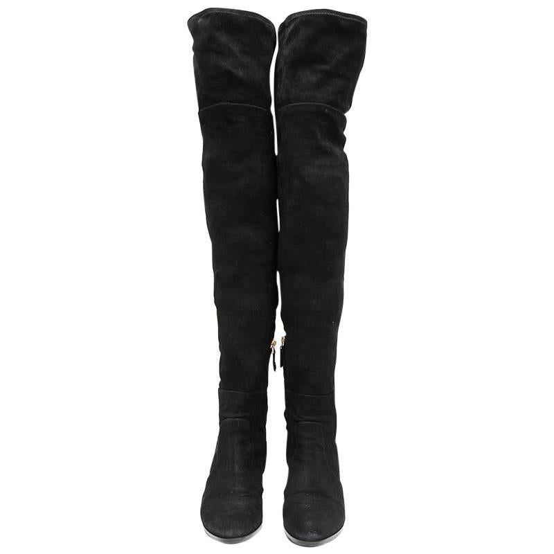 CHANEL Thigh Boots in Black Suede Calfskin Size 38.5FR