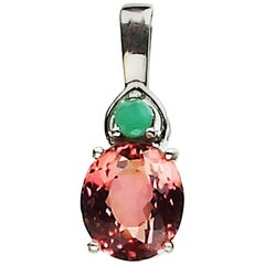 AJD Oval Dark Peach Color Tourmaline and Emerald Pendant in Sterling Silver