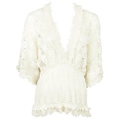 Oscar De La Renta Ivory Silk Crochet Top 