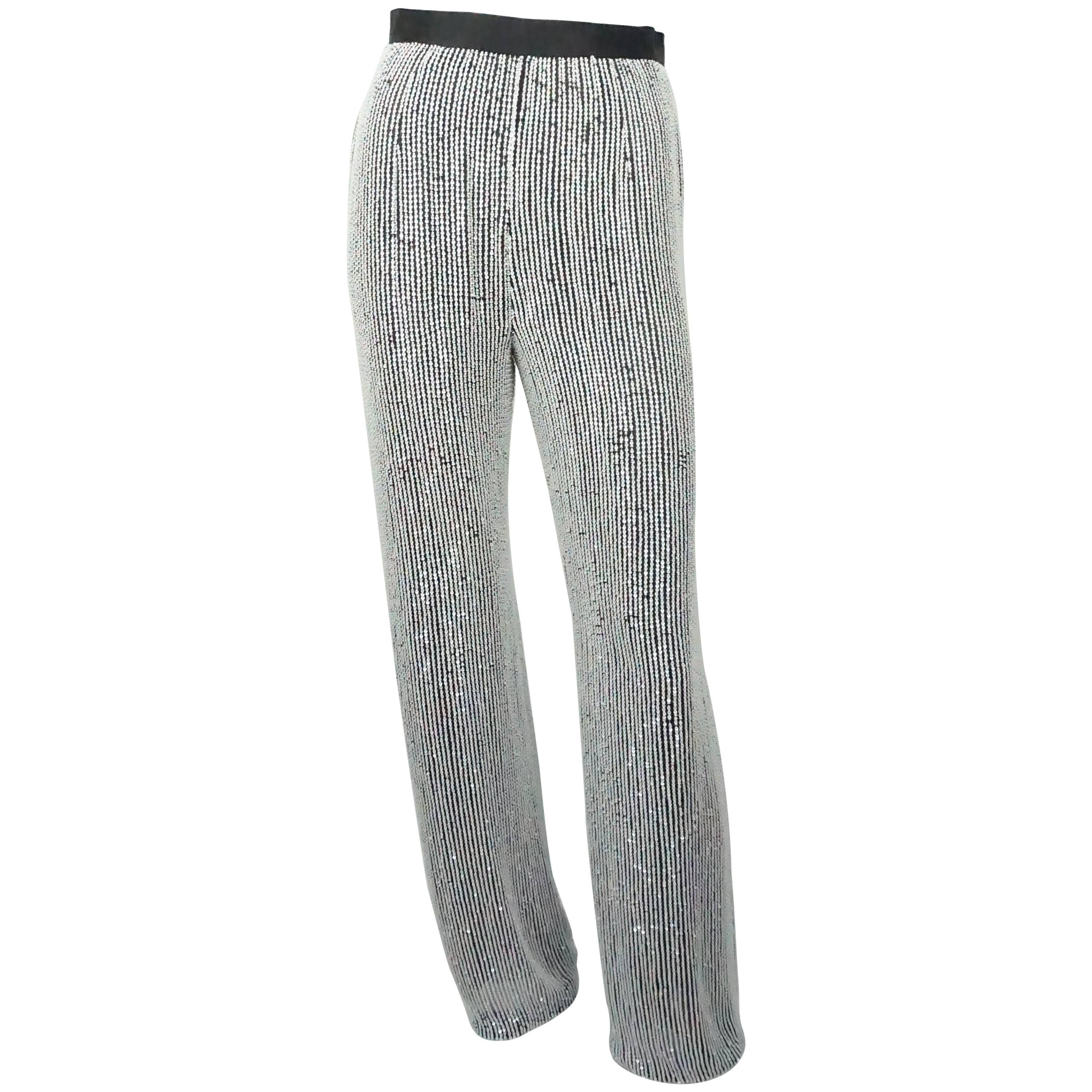 Oscar De La Renta Black and White Silk Chiffon Sequin Beaded Pants For Sale