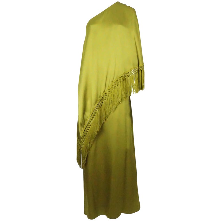 Andrew Gn Olive Green Silk One Shoulder Gown with Fringe For Sale at