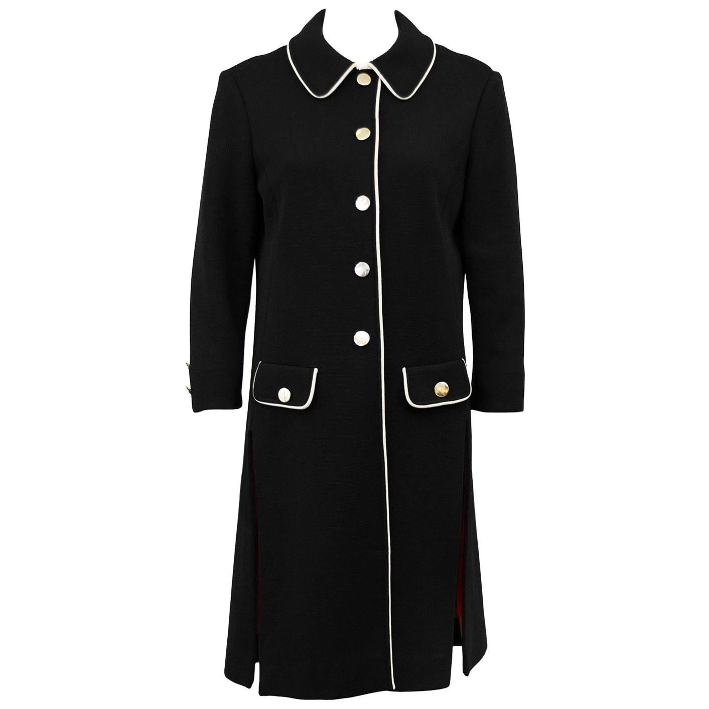 1970s Carnaby Black Mod Look Knit Coat with Cream Trim 