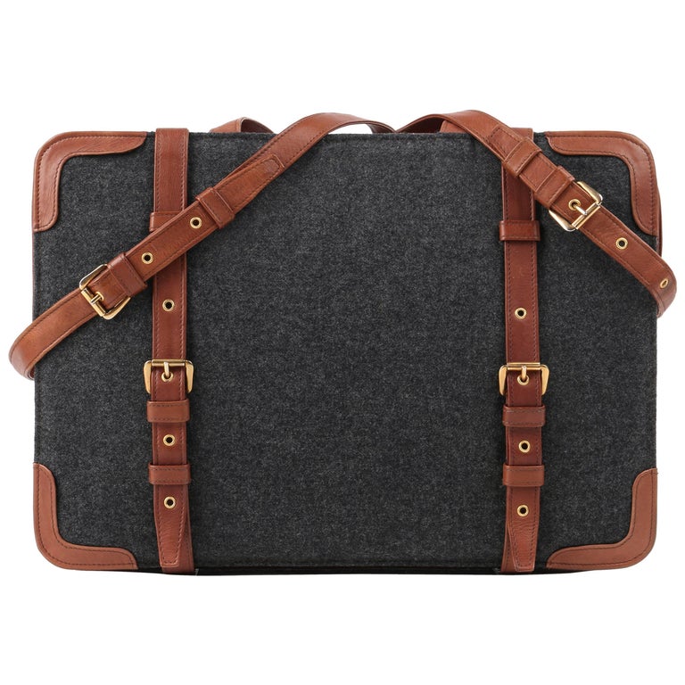 brand marking host ROBERTA DI CAMERINO c.1976 Gray Wool and Brown Leather Dual Buckle Satchel  Purse For Sale at 1stDibs
