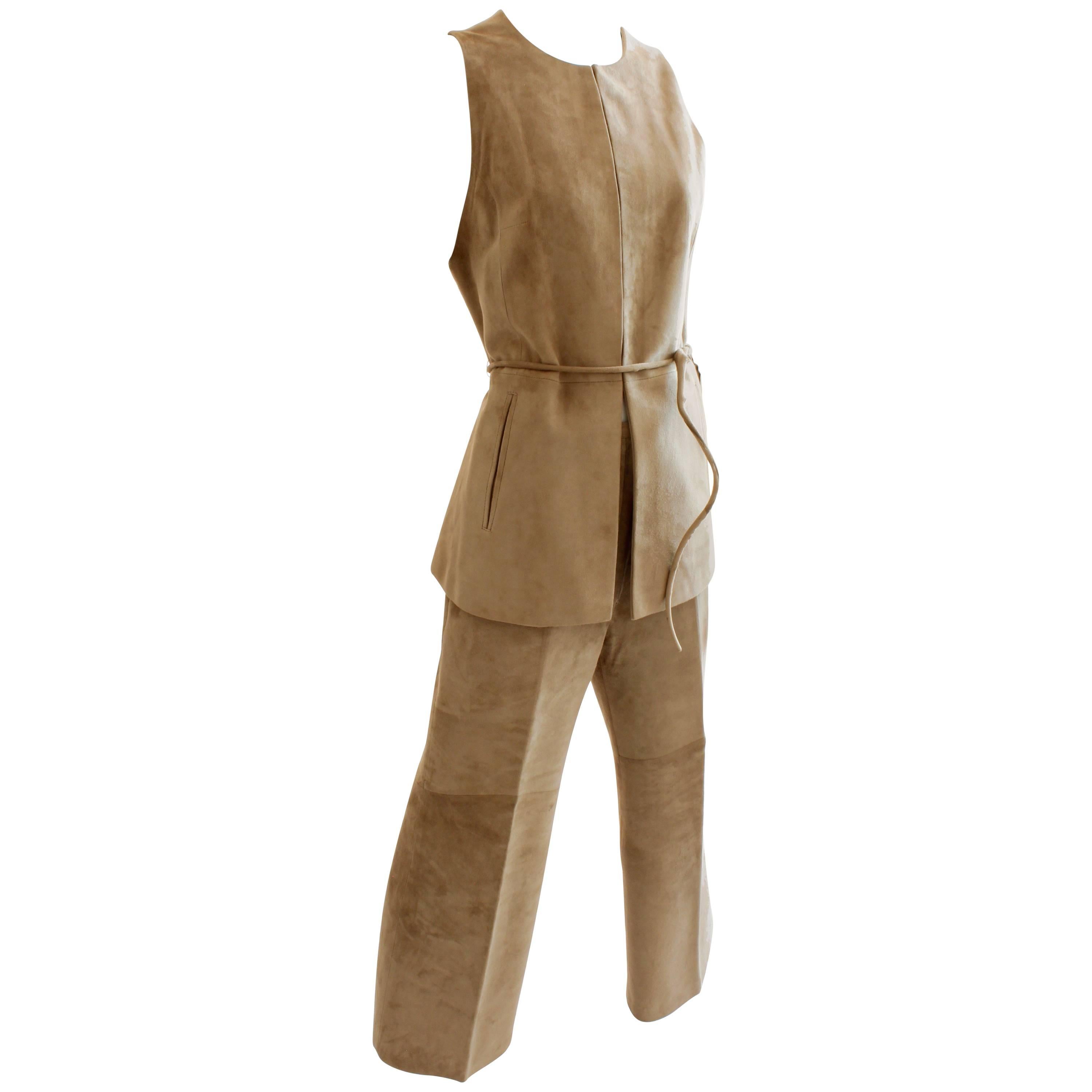 Loewe Madrid Camel Suede Leather Vest Pant and Belt Suit Set 