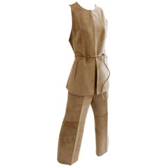 Loewe Madrid Camel Suede Leather Vest Pant and Belt Suit Set