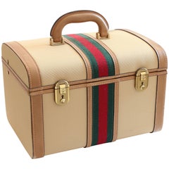 Gucci Train Case Beige Canvas Red Green Webbing Beauty Bag Travel Carry On, 70s 