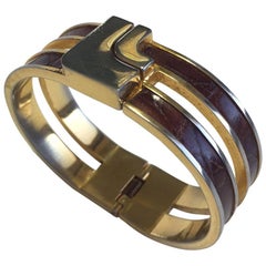 LOEWE Rigid Bracelet in Gilded Metal and Brown Leather