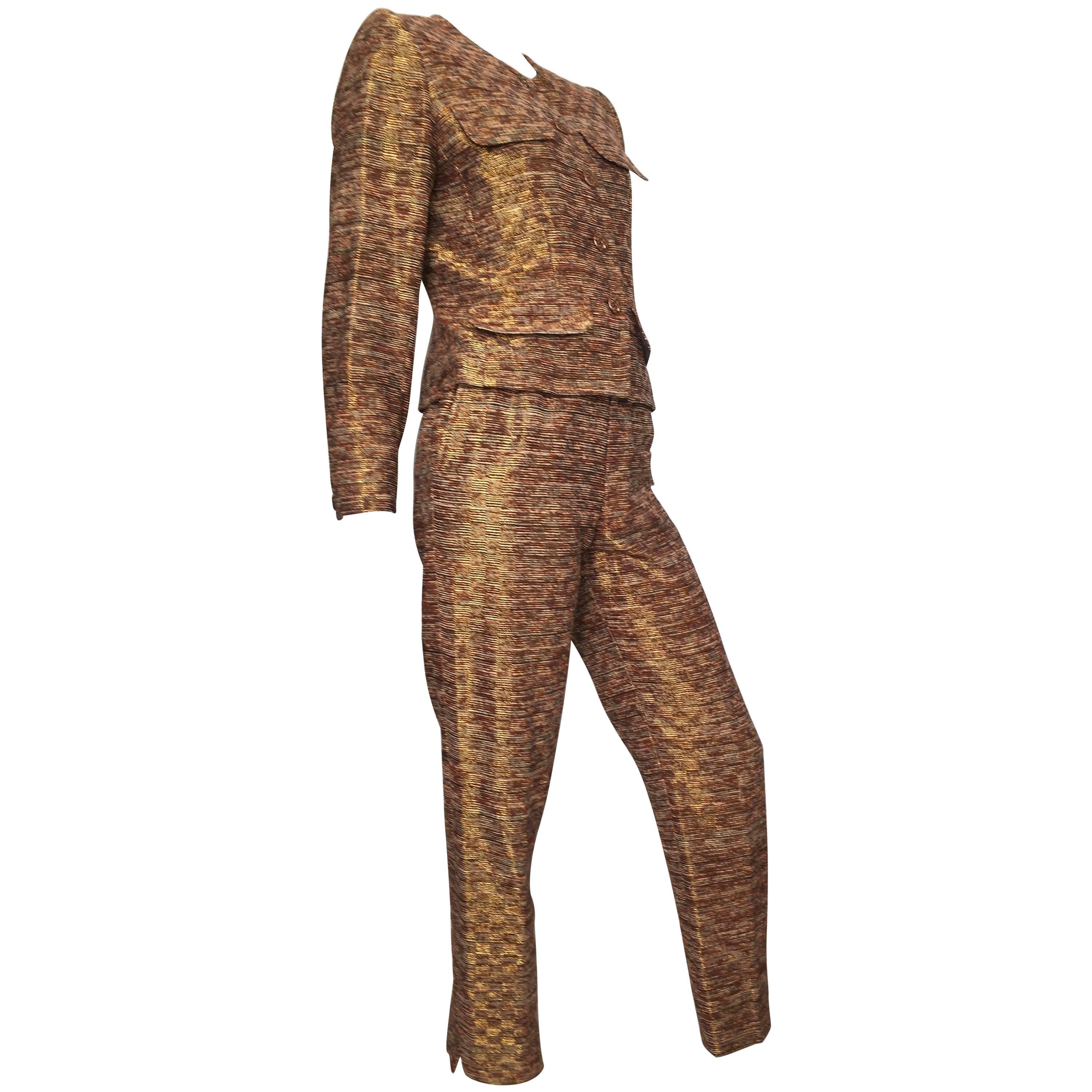Yves Saint Laurent Rive Gauche 1980s Metallic Silk Jacket & Pant Suit Size 4.  For Sale