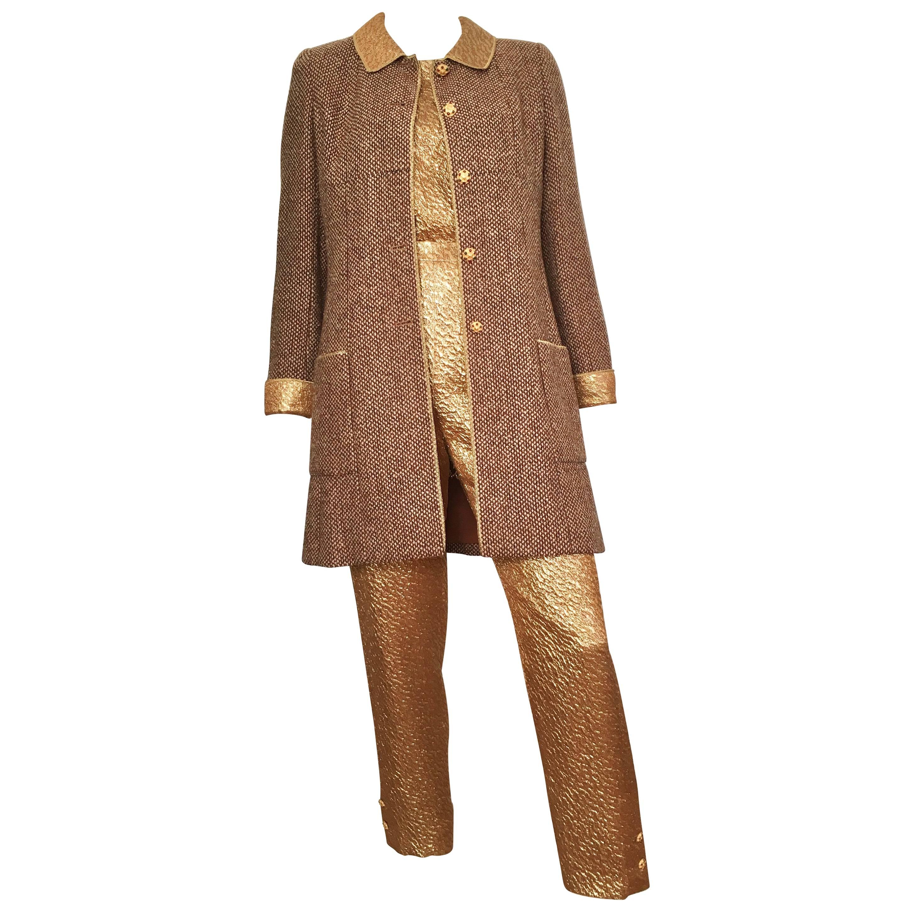 Chanel 1996 Gold Top & Pants with Tan Tweed Jacket Set Size 4. For Sale
