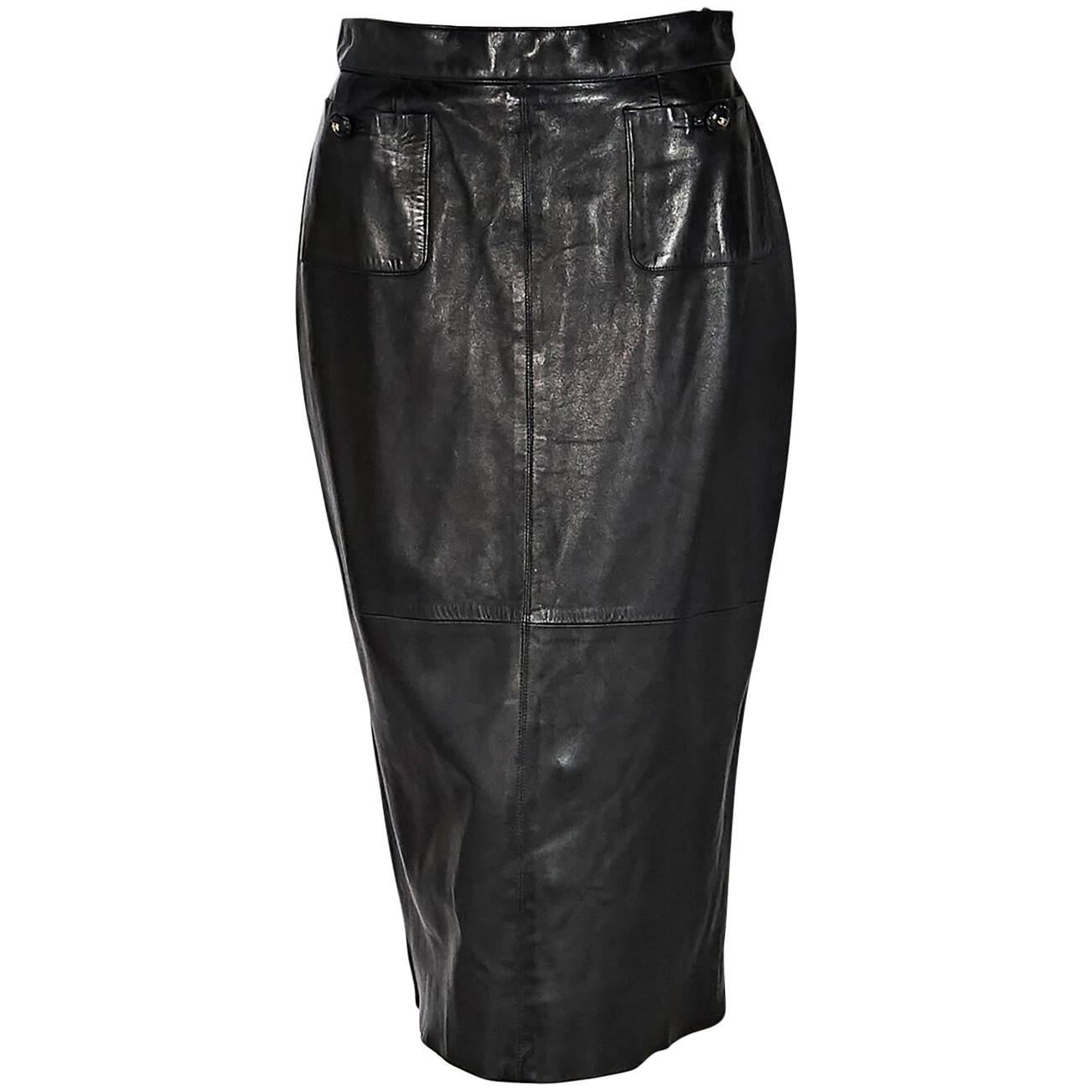 Black Chanel Leather Long Pencil Skirt