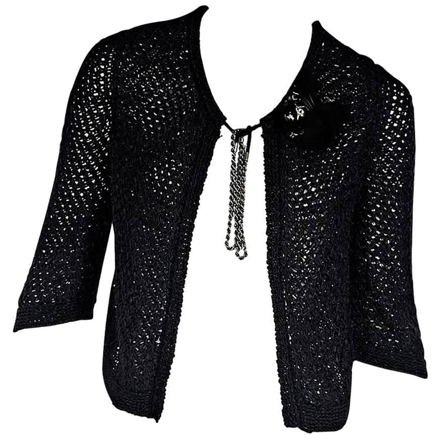 Black Chanel Floral-Accented Woven Cardigan