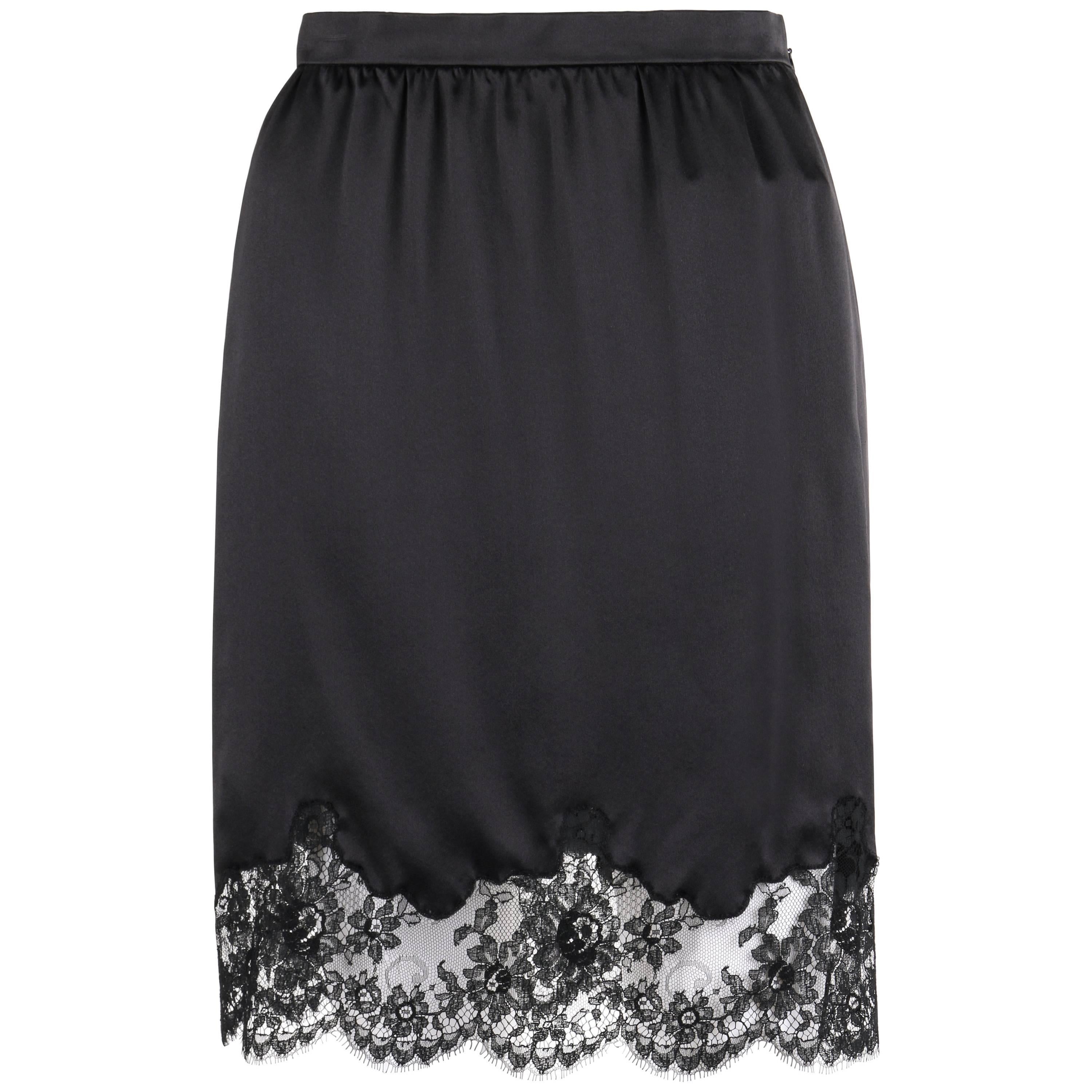 VALENTINO Roma c.1990's Black Silk Floral Lace Hem Classic Slip Skirt