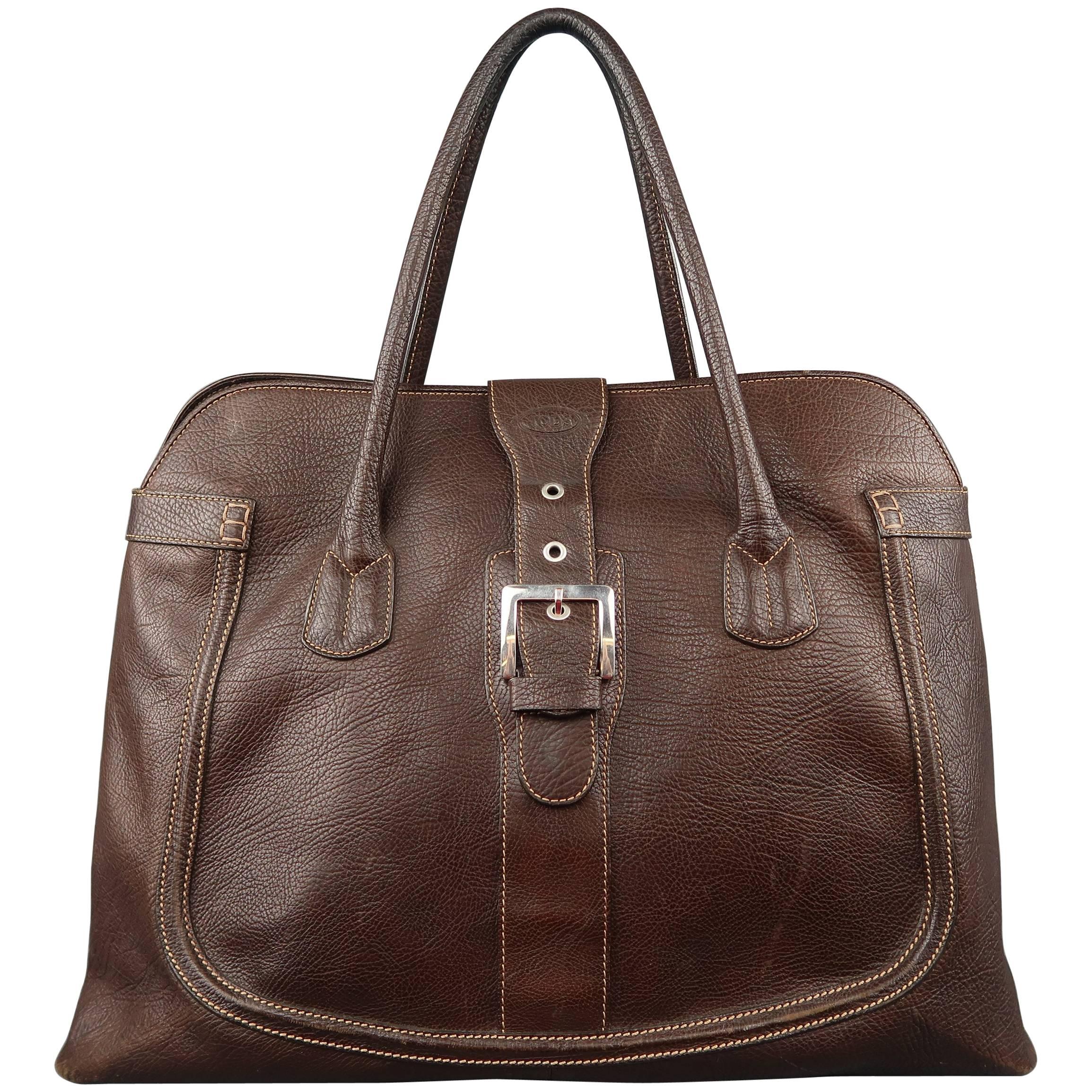 TOD'S Brown Leather Buckle Closure Oversized Weekender Travel Tote Handbag