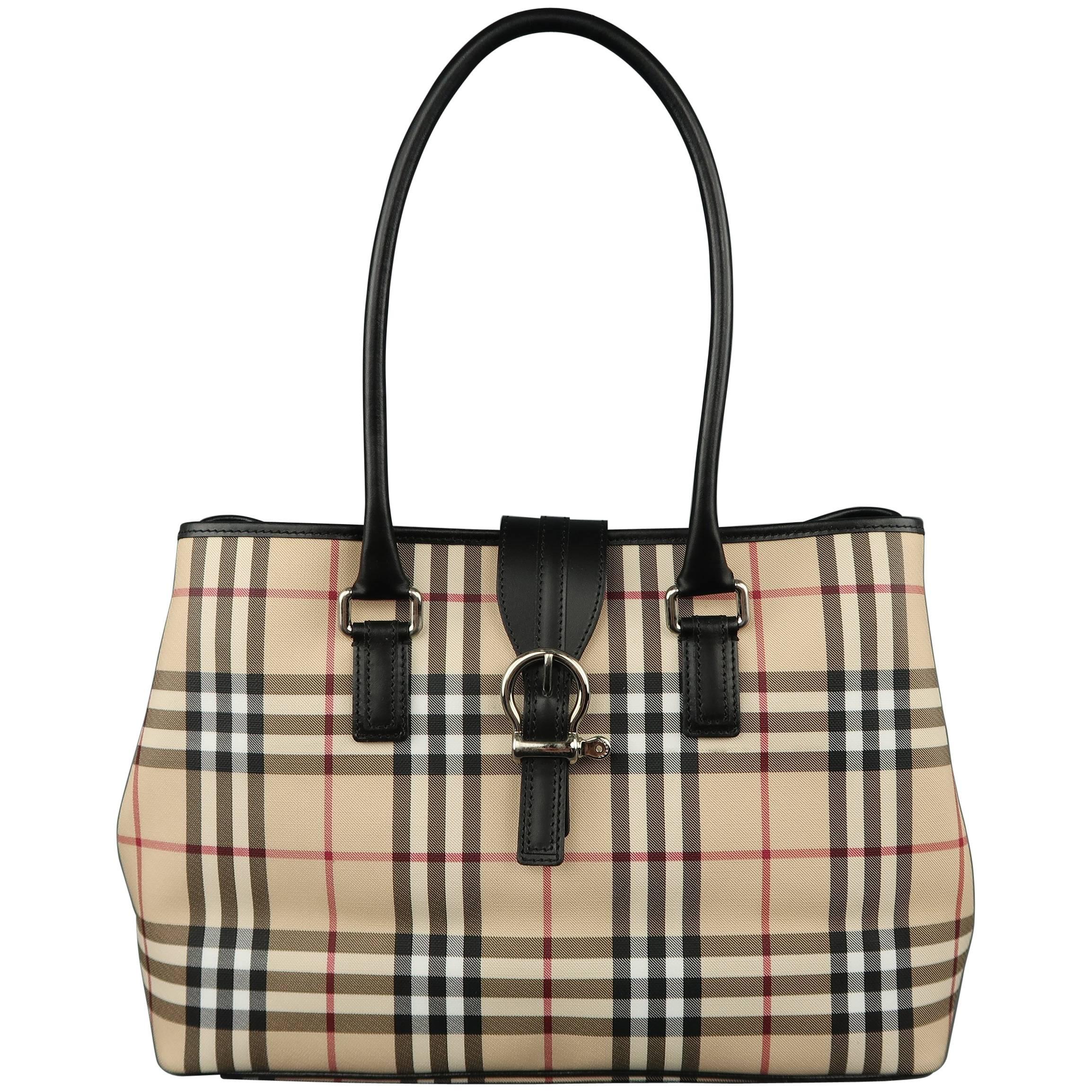 New BURBERRY Handbag - Beige Plaid Coated Canvas and Black Leather Bag Tote  at 1stDibs | burberry plaid purse, burberry plaid tote bag, plaid bag