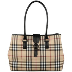 New BURBERRY Handbag - Beige Plaid Coated Canvas & Black Leather Bag Tote