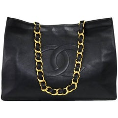 Chanel Vintage Jumbo XL Black Leather Shoulder Shopping Tote Bag 