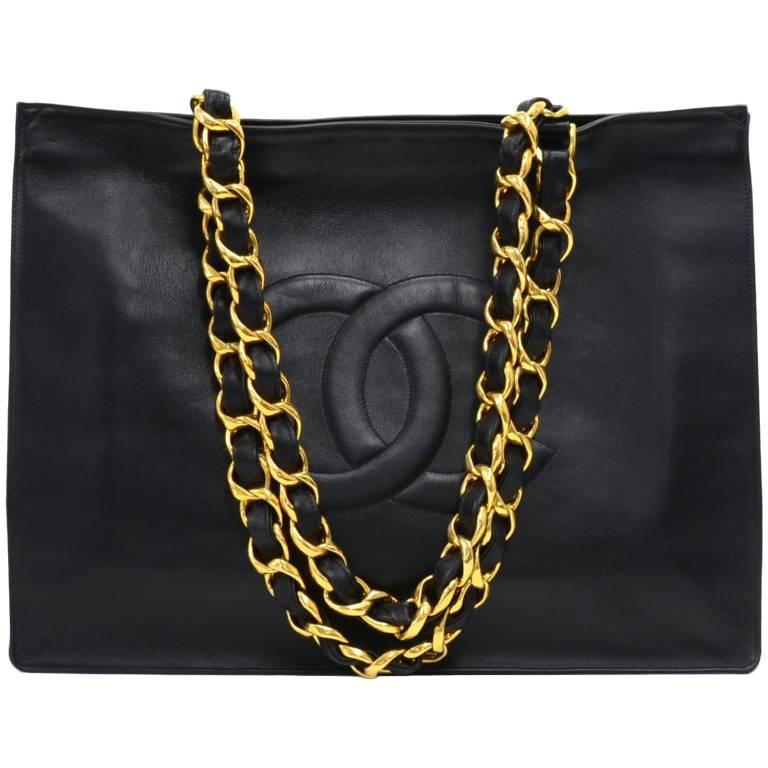 Chanel Vintage Jumbo XL Black Leather Shoulder Shopping Tote Bag 