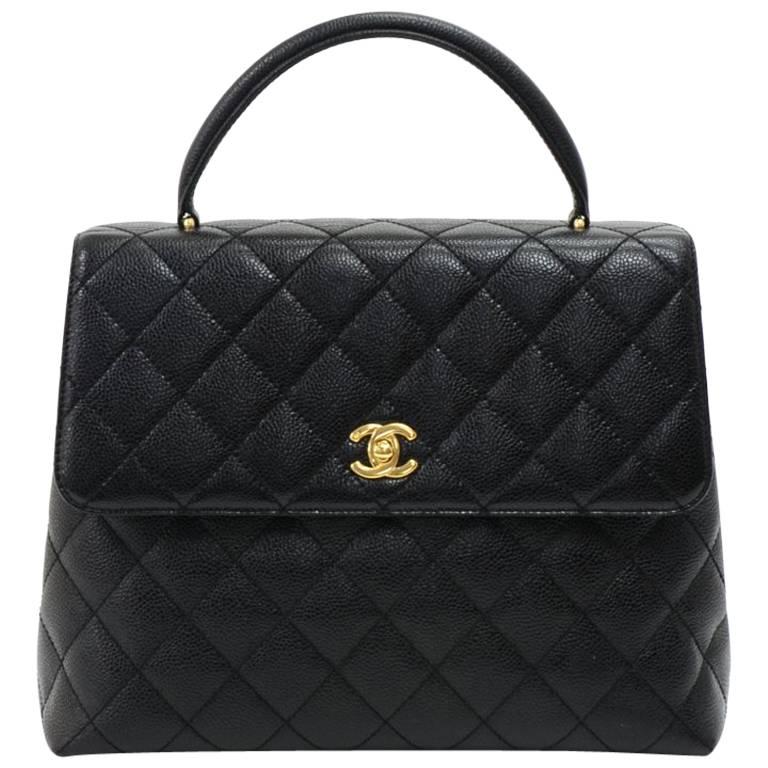 Chanel 12 Inch Kelly Style Black Quilted Caviar Leather Hand Bag at 1stDibs