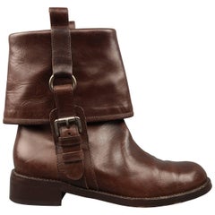 MARNI Size 6.5 Brown Leather Fold Over Ankle Boots