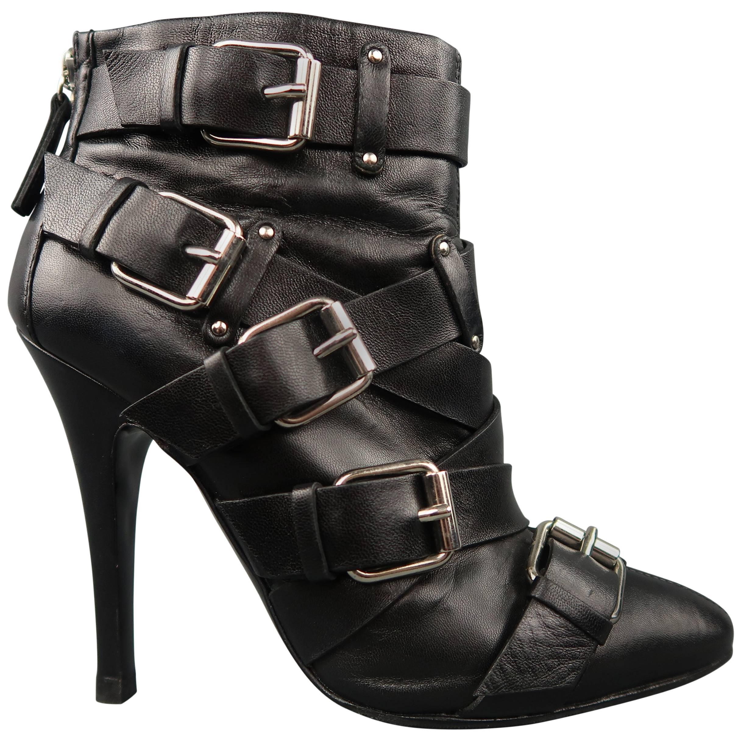 BALMAIN x GIUSEPPE ZANOTTI Size 8 Black Leather Belt Buckle Ankle Boots