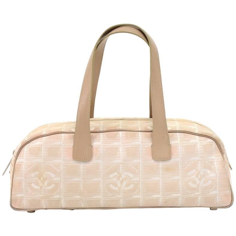 Chanel Travel Line Beige Jacquard Nylon Mini Boston Bag  For Sale
