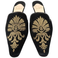CHRISTIAN LOUBOUTIN Mules Size 6.5 Black & Gold Brocade Velvet Kitten Heel Shoes