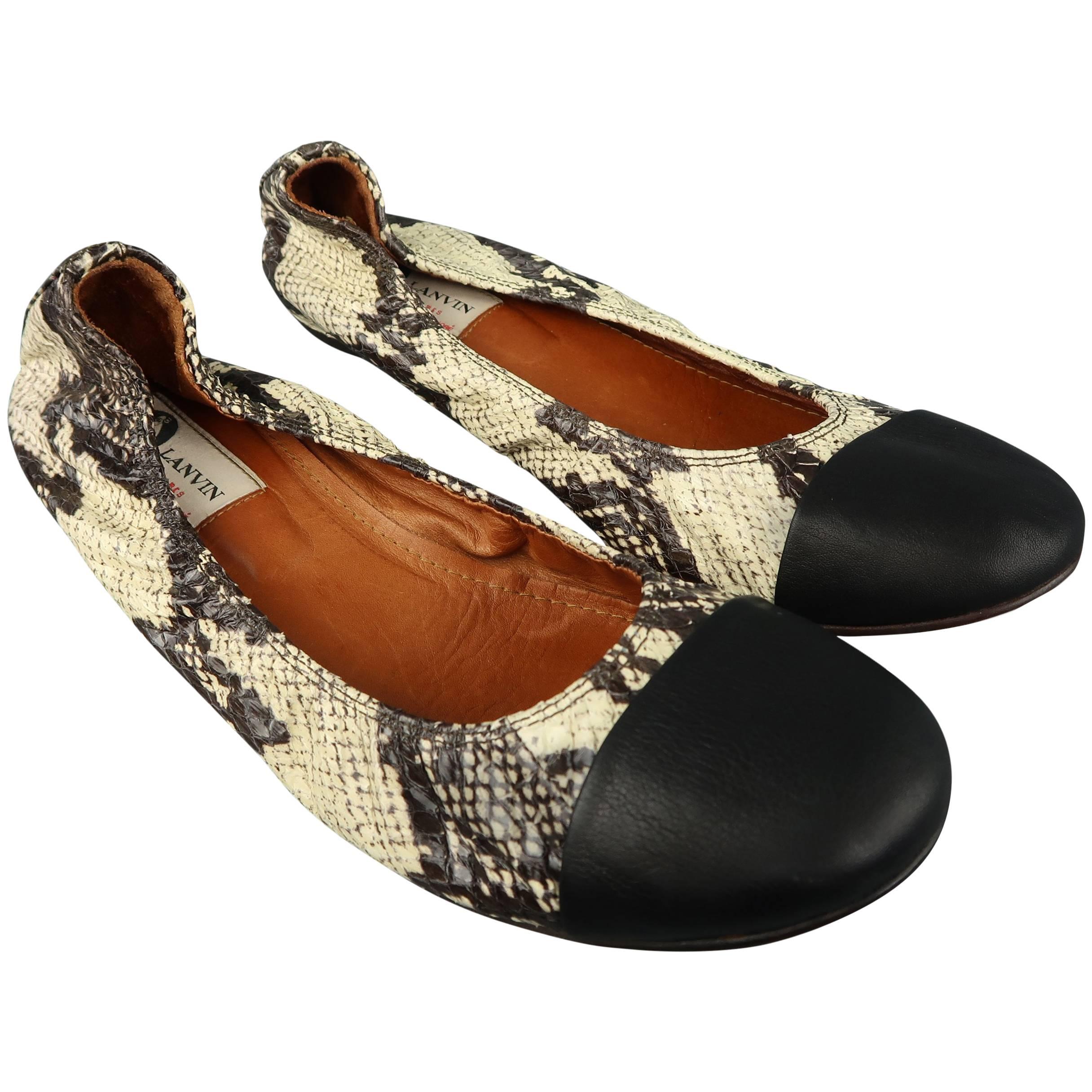 LANVIN Flats Size 10.5 Beige & Black Snake Skin Cap Toe Ballet Shoes