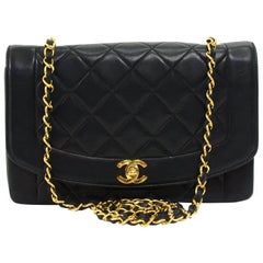 Chanel Vintage 10 Inch Diana Classic Black Quilted Leather Shoulder Flap Bag 