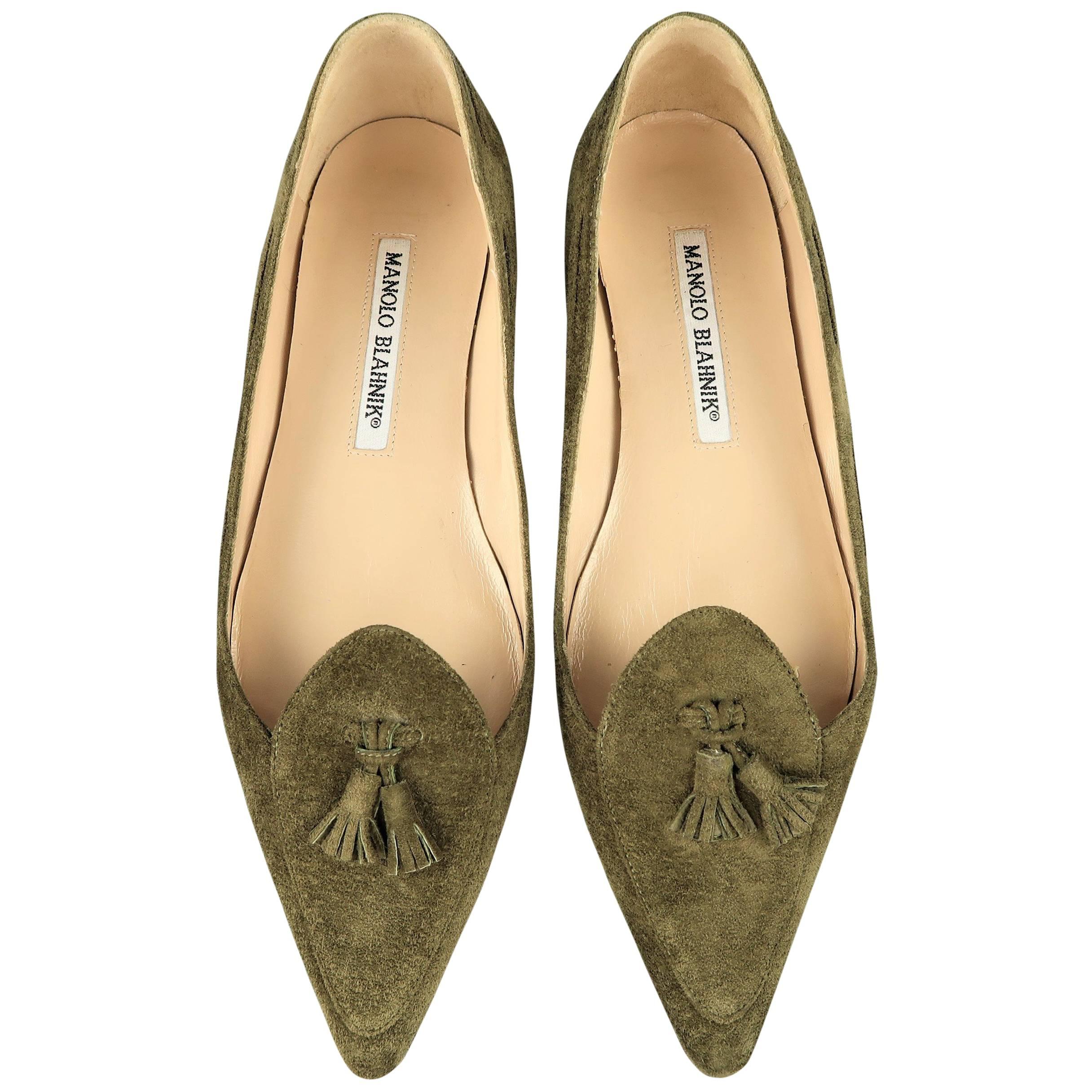 MANOLO BLAHNIK Flats - Size 5 Olive Green Suede Pointed Tassels Loafer Shoes