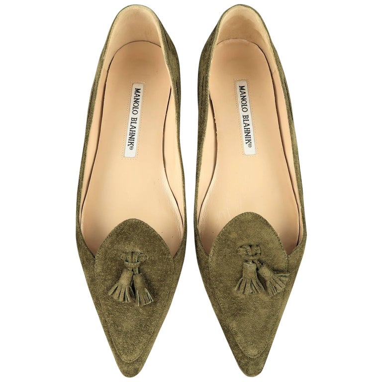 Escarpins Plats Manolo Blahnik - Imprimé Vert Olive, Bride Cheville, Taille 40.5
